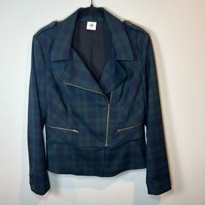 Cabi Tartan Plaid Asymmetrical Zip Moto Jacket Blazer Blue Green Academia Size 6